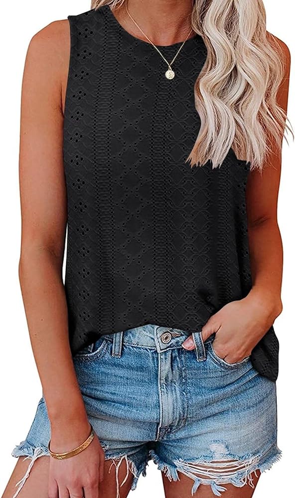 Womens Tank Tops 2024 Eyelet Embroidery Crewneck Sleeveless Shirts Casual Summer Spring Basic Loose Fashion Clothes