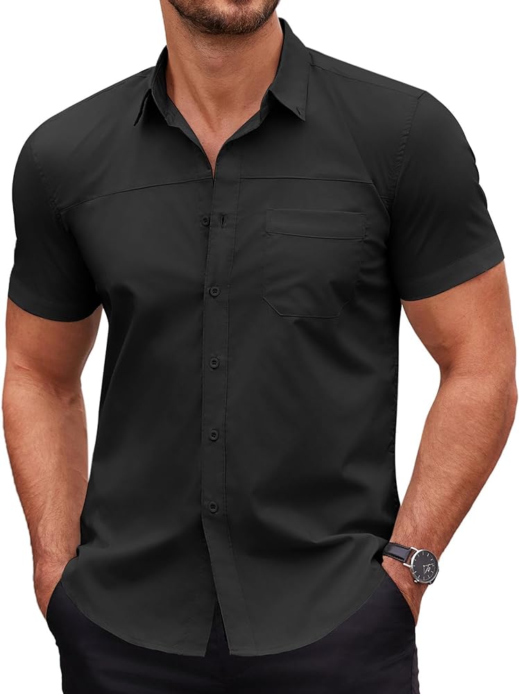 COOFANDY Men's Muscle Fit Dress Shirts Short Sleeve Cotton Casual Button Down Shirt with Pocket