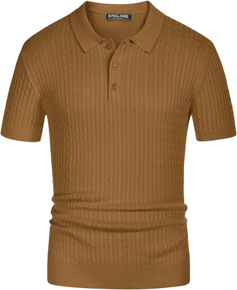 PJ PAUL JONES Mens Cable Knitted Polo Shirts Knitting Lightweight Golf Tee Shirt