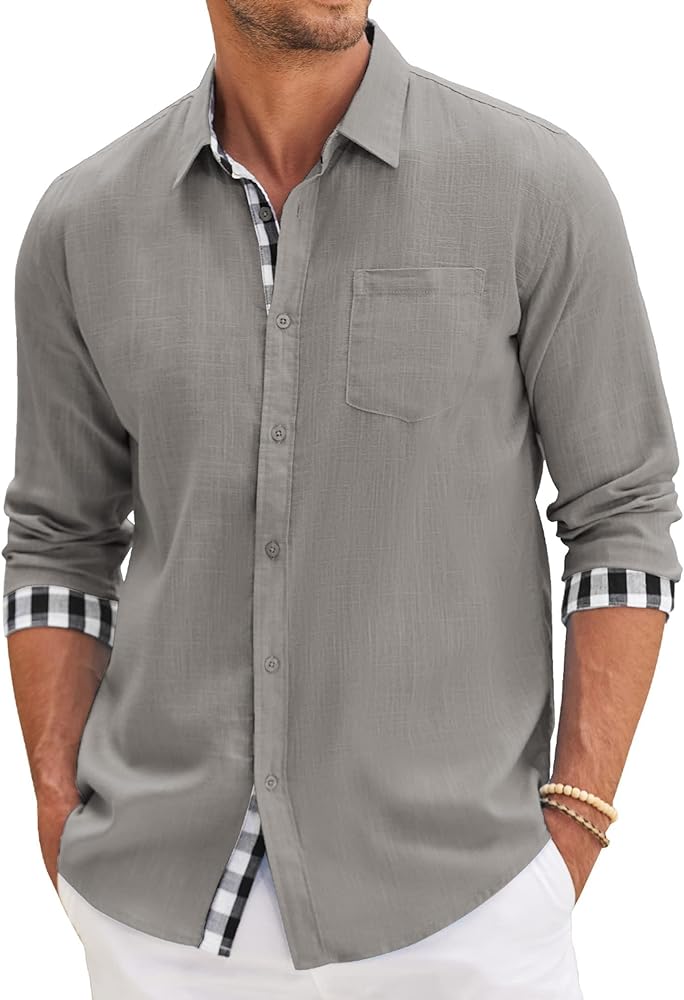 COOFANDY Men's Casual Linen Dress Shirt Plaid Collar Long Sleeve Button Down Shirt