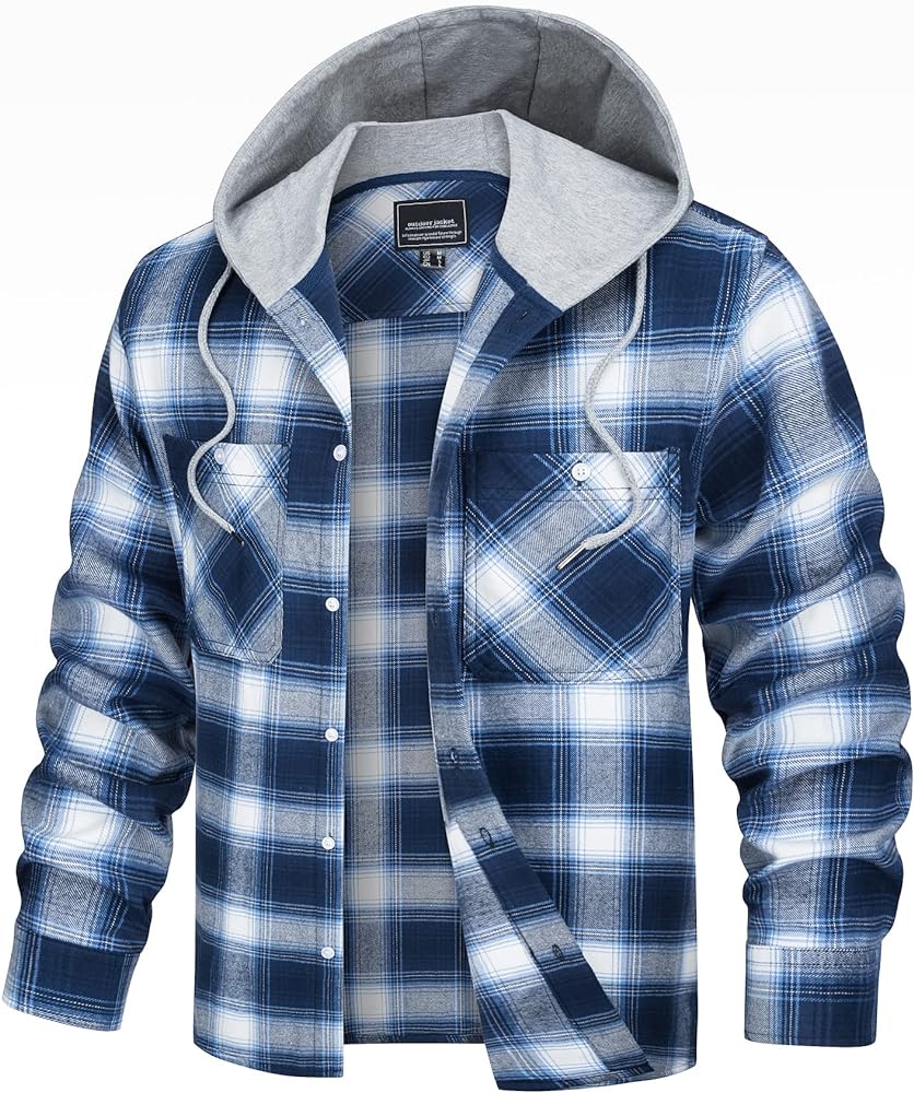 TACVASEN Men's Hooded Shirts Jackets Flannel Long Sleeve Casual Buffalo Plaid Button Down Shirt with Pocket