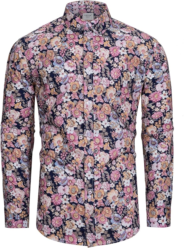 TUNEVUSE Mens Long Sleeve Floral Dress Shirt Flowered Pattern Print Button Down Shirts Cotton