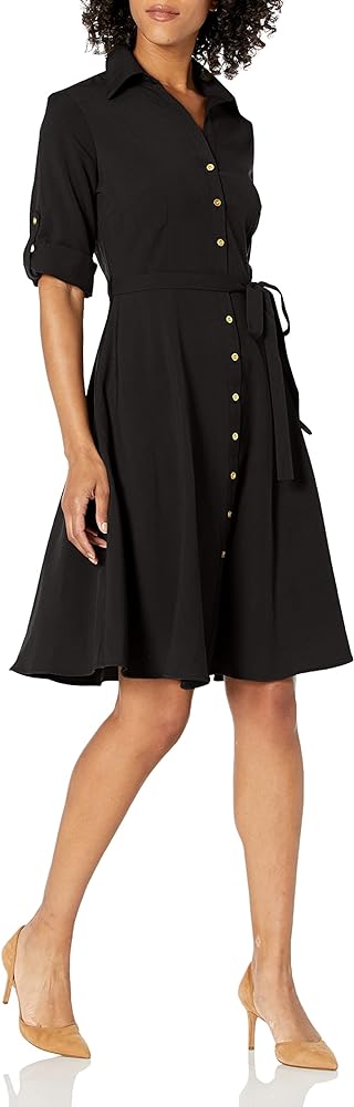 Sharagano Women's Button Front Pleated Shirt Dress, Very Black, 16