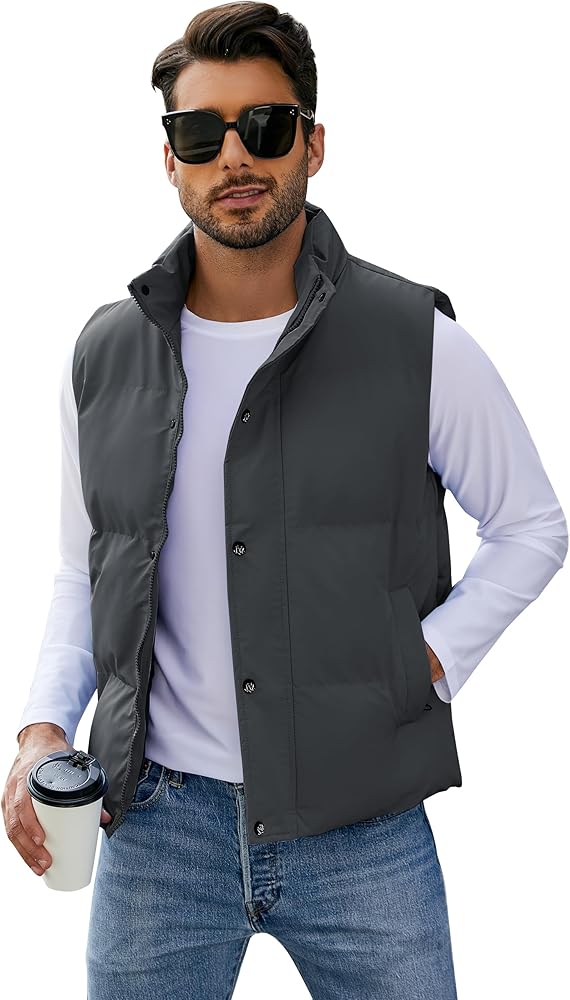 Flygo Mens Puffer Vest Winter Padded Vests Lightweight Stand Collar Sleeveless Jacket Outerwear