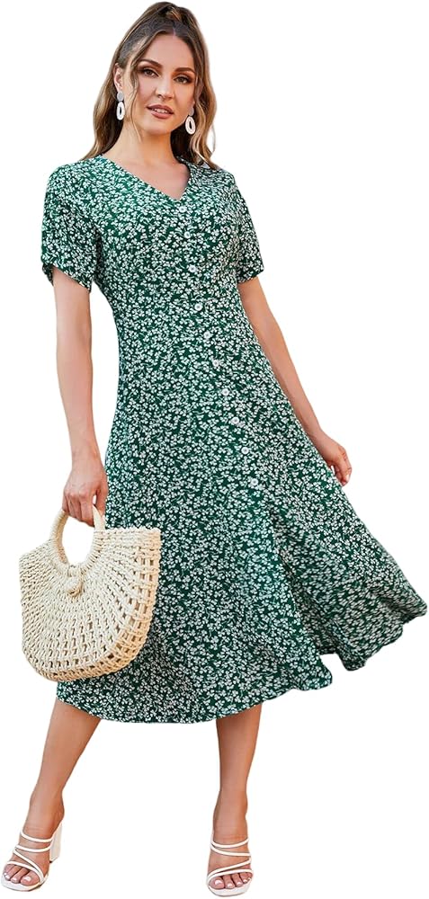 Floerns Women's Floral Print V Neck Button Front Short Sleeve Split A Line Midi Dress Green Flower S