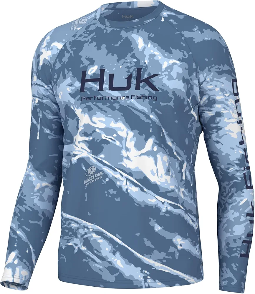 HUK Men's Standard Pursuit Pattern Crew Sleeve, Performance Shirt, Mossy Oak-Stormwater Spindrift