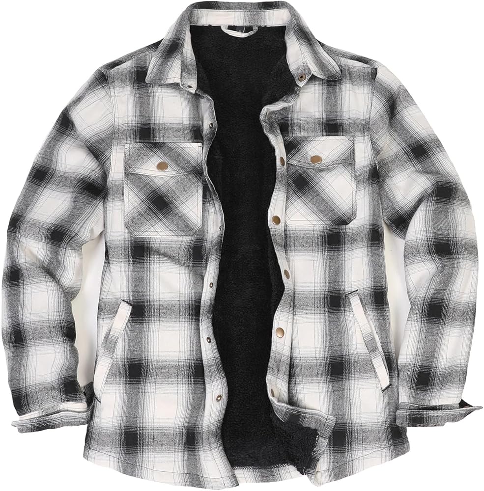 ZENTHACE Men's Sherpa Lined Flannel Shirt Jacket,Long Sleeved Brushed Plaid Flannel Shacket Jackets,Snap Button