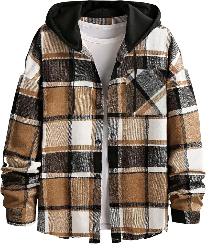 MakeMeChic Men's Plaid Hoodie Long Sleeve Button Down Drawstring Hooded Shacket Jacket