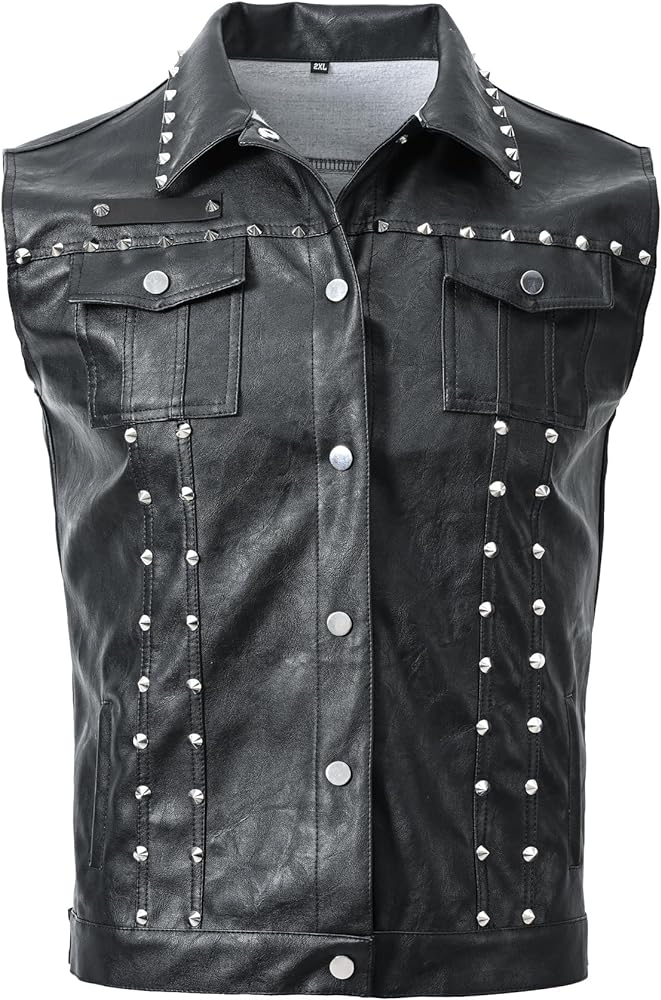 Fashion Mens Rivet Faux Leather PU Vest Punk Party Studded Slim Fit Male Sleeveless Waistcoat For Men