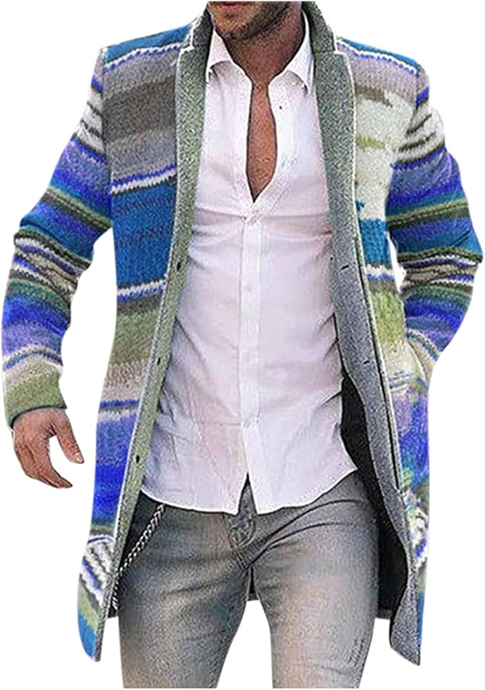 Men's Notched Lapel Single Breasted Long Pea Coat Trench Coat Aztec Print French Woolen Coat Business Down Jacket