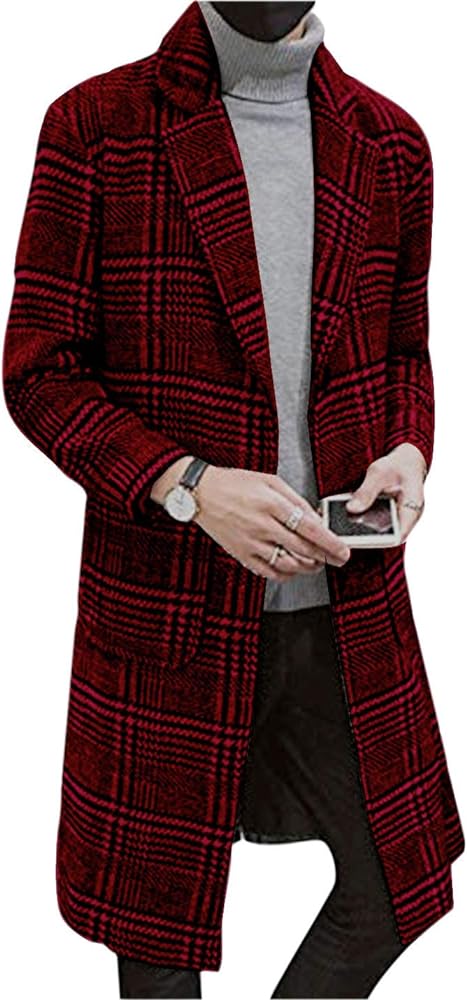 UANEO Mens Trench Coat Single Breasted Plaid Mid Long Peacoat Pea Coats