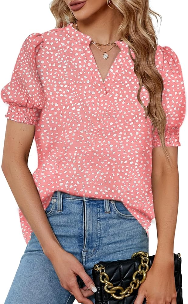 Astylish Womens Fashion Blouses Notched V Neck Puffer Short Sleeve Shirt Polka Dot Tops Chiffon Dressy Shirts