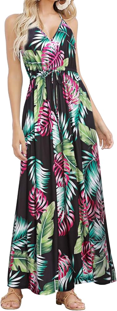 HUSKARY Womens Sleeveless V Neck Spaghetti Strap Pockets Beach Boho Tropical Summer Maxi Dress