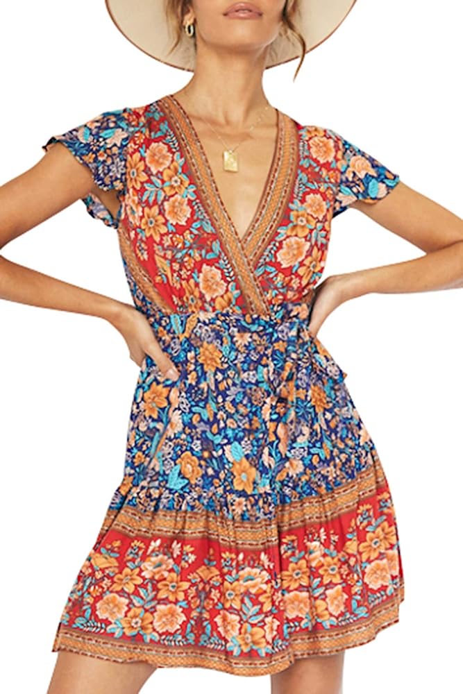 ZESICA Women's 2024 Summer Wrap V Neck Bohemian Floral Print Ruffle Swing A Line Beach Mini Dress