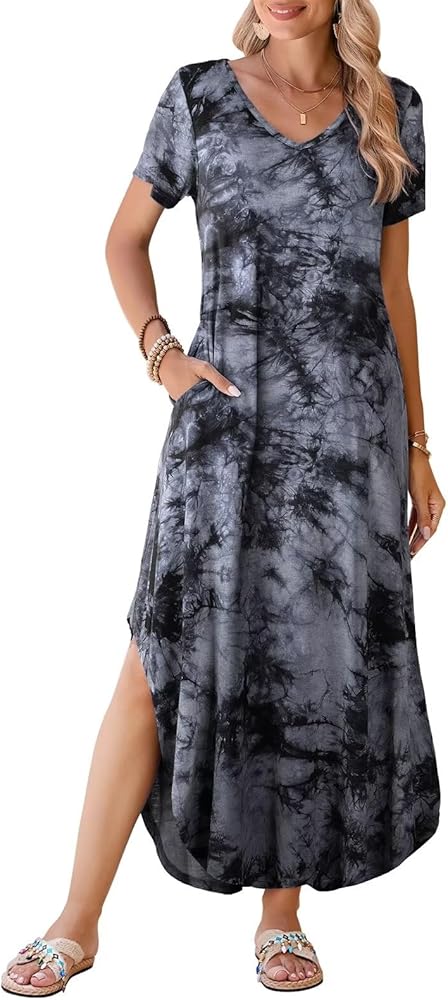 BELAROI Womens Plus Size Maxi Dresses Summer T Shirt Dress Casual V Neck Short Sleeve Long Loose Pockets Split