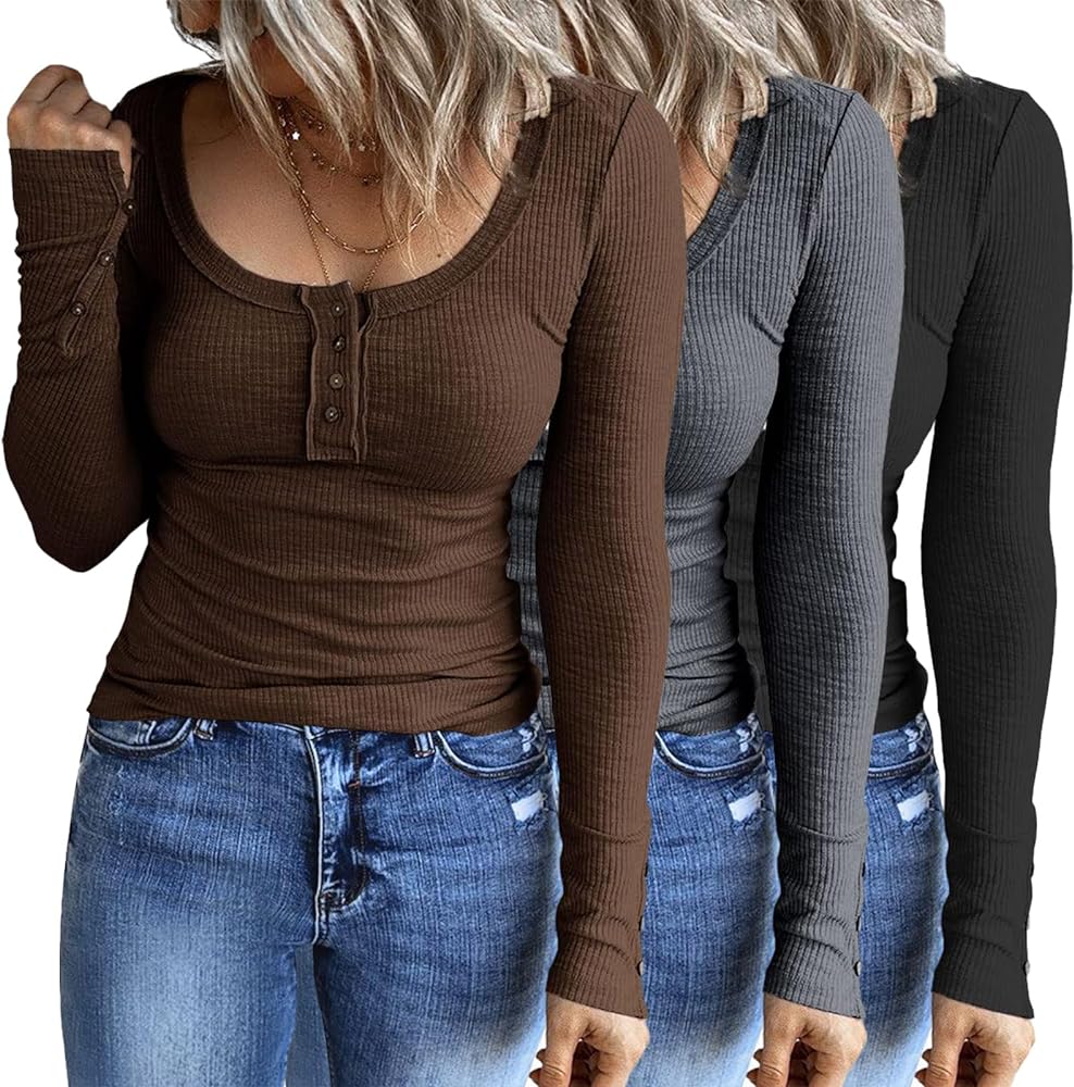 Womens 3 Packs Long Sleeve Shirts Casual Fall Fashion Outfits Clothes Henley Tops Basic Ribbed Knit T-Shirts 2024