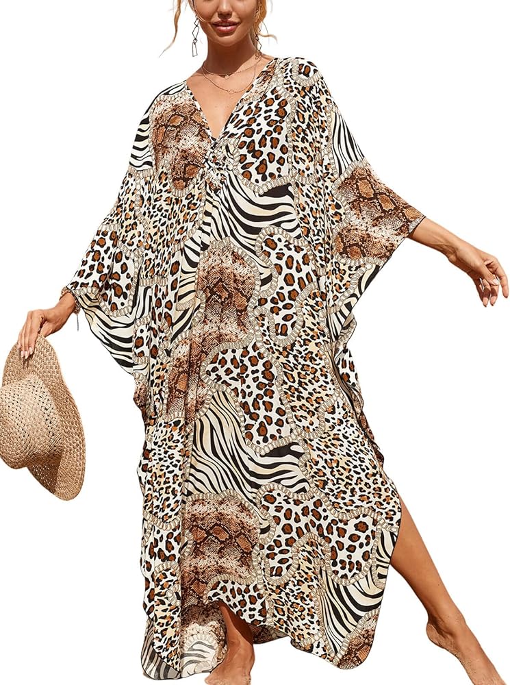 Women's Plus Size Animal Print V-Neck Batwing Kaftan Beach Dress Bathing Suit Cover-Up Loungewear