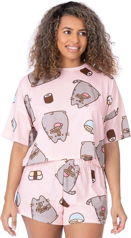 Pusheen Womens Pyjama Set | Ladies Cropped T-Shirt & Shorts Complete Pjs Bundle | Pastel Pink Cartoon Cat Eating Sushi