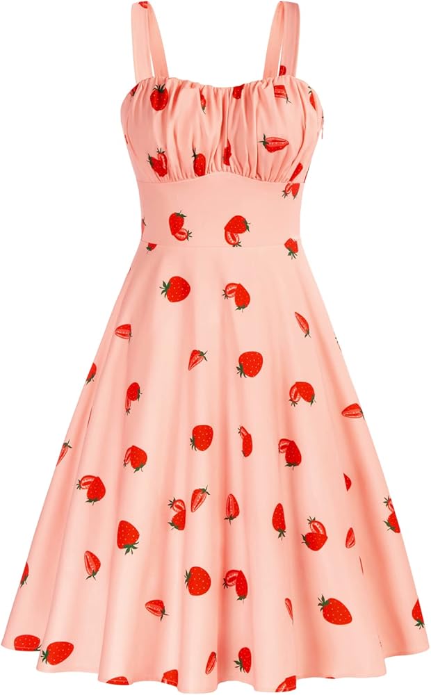 Belle Poque Women's Vintage Sleeveless Solid Floral Ruched Summer Cute A-Line Flowy Swing Midi Dress