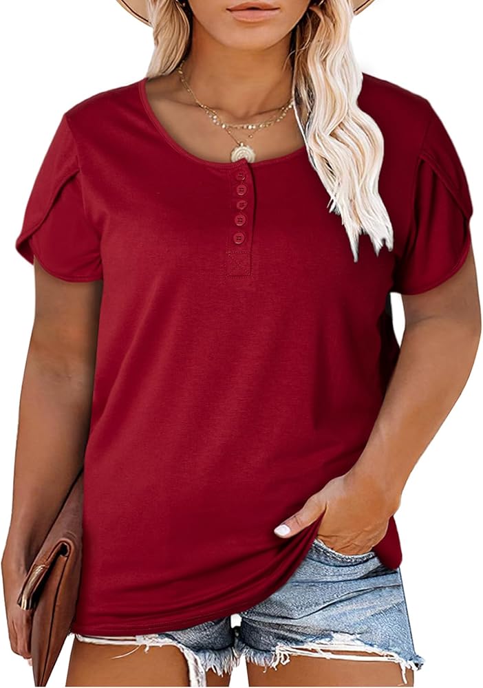 Eytino Plus Size Tops for Women Summer Crewneck Petal Short Sleeve Henley Shirts Casual Loose Tunic Blouse(1X-5X)