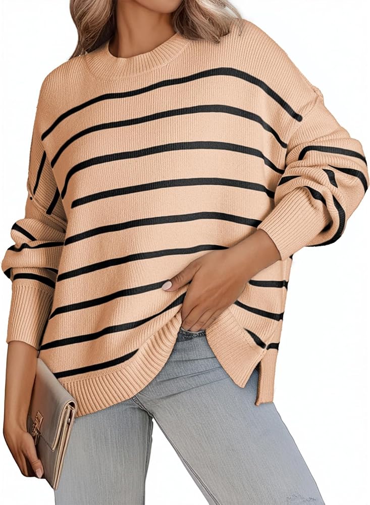 Dokotoo Womens Sweater 2024 Fall Winter Striped Sweaters Casual Seam on Outside Design Trendy Sweater