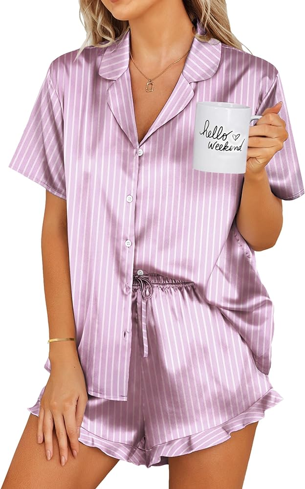 Ekouaer Womens Satin Pajamas Set Button Down 2 Piece Silk Pjs Shorts Set Ruffle Lingerie Notch Collar Sleepwear S-XXL