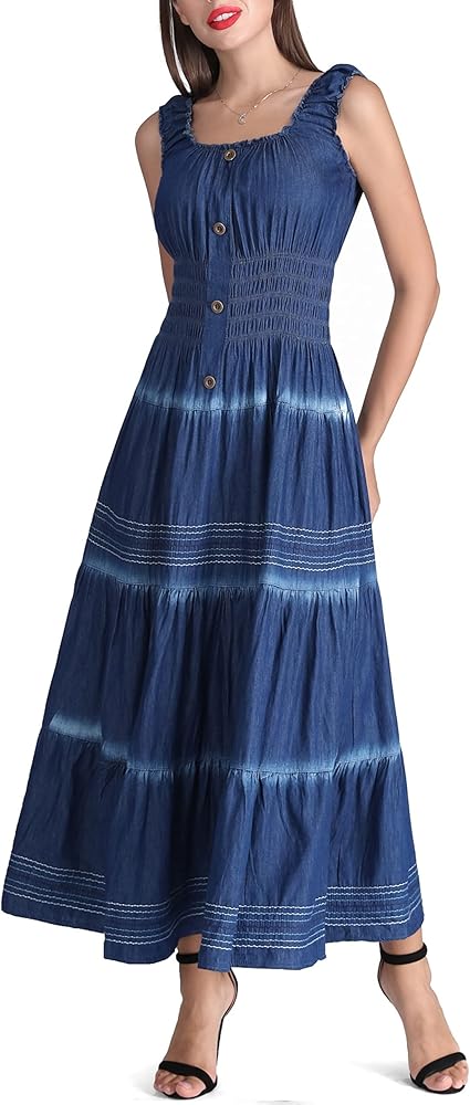 DREFBUFY Women's Maxi Dress Sleeveless Denim Long Summer A-line Casual Blue Cotton Boho Flowy Sundresses for Women