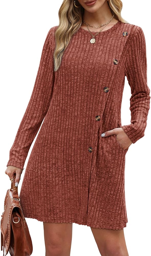 Saloogoe Long Sleeve Dress for Women Tunic Sweater Dresses with Pockets Fashion 2024 Buttons Side