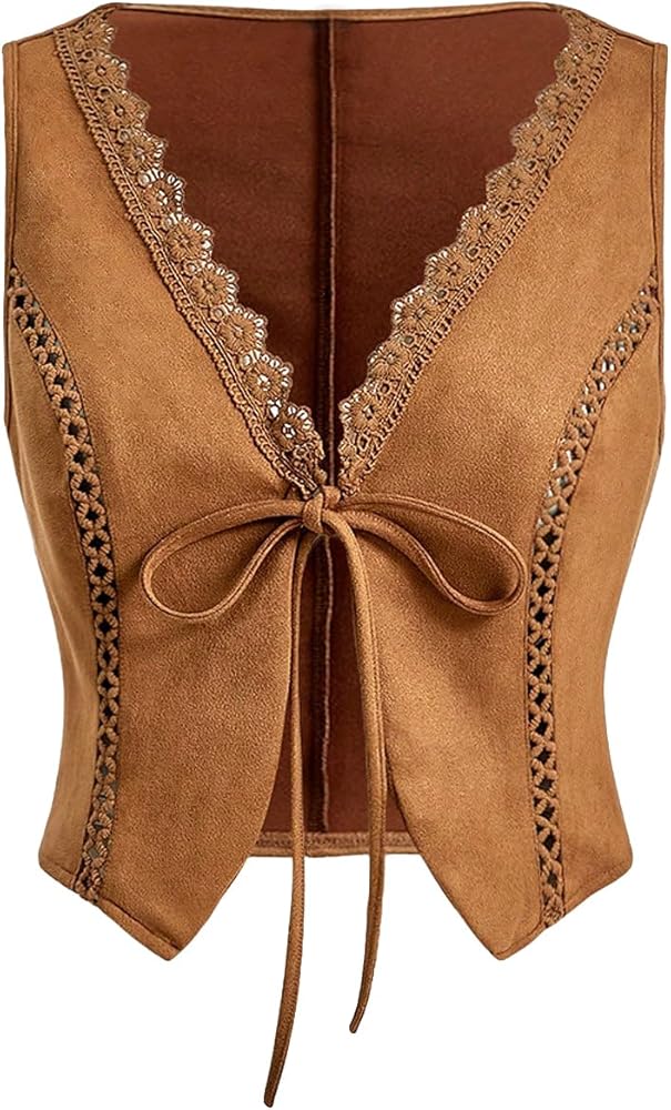 Verdusa Women's Lace Trim Tie Front V Neck Vest Western Cowgirl Sleeveless Jacket