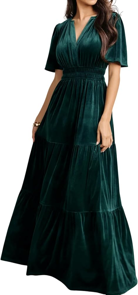 R.Vivimos Women's Fall Winter Vintage Velvet Dress Short Sleeve V Neck Elastic Waist Tiered Ruffle A-Line Flowy Maxi Dress