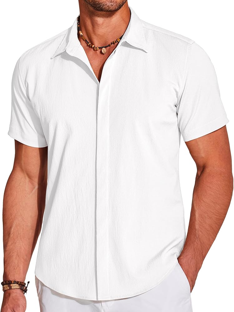 COOFANDY Men's Casual Short Sleeve Button Down Summer Beach Shirt Lightweight Textured Wrinkle Free Stretch Shirts