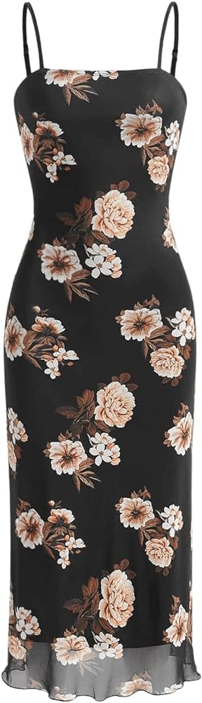 SweatyRocks Women's Floral Print Split Bodycon Dress Cami Midi Dress