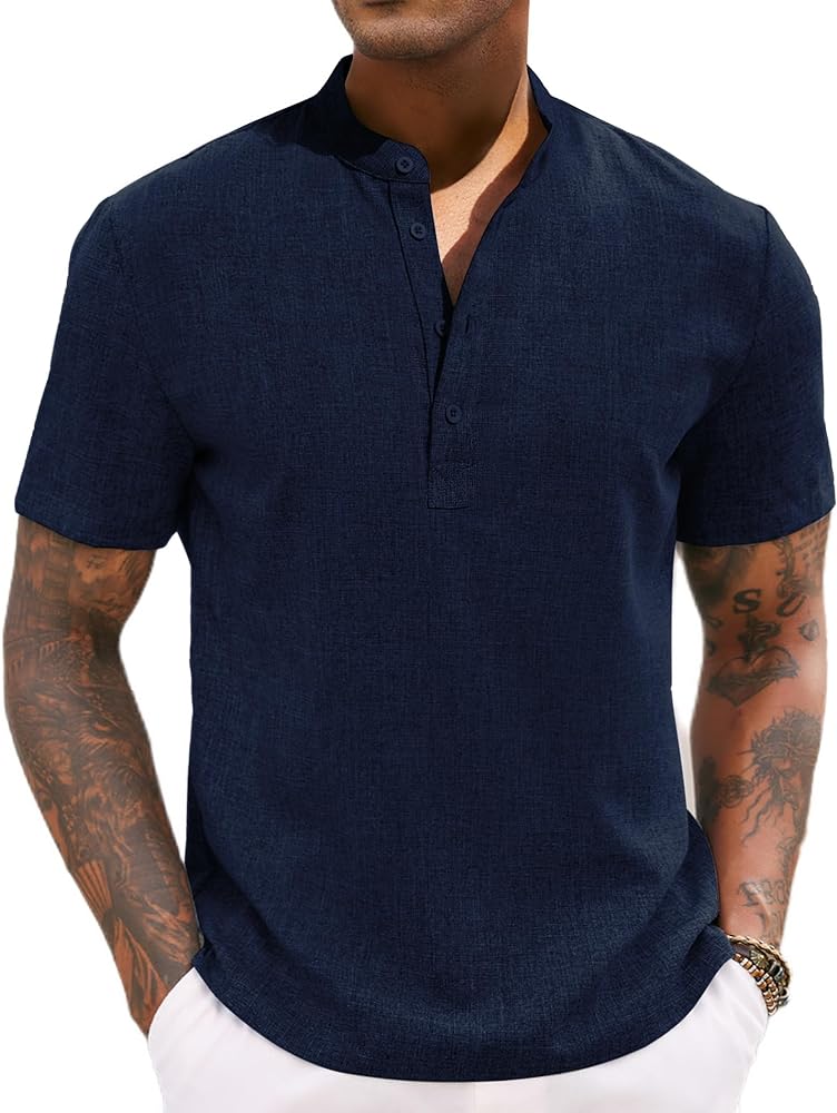 COOFANDY Men's Casual Summer Beach Henley Shirt Band Collar Lightweight Hippie Tee Shirts