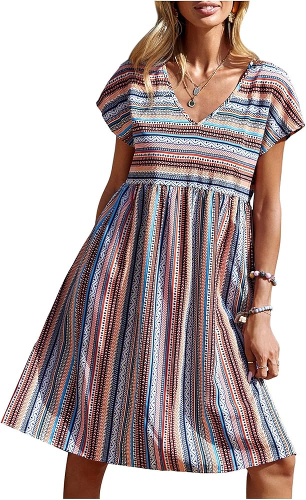 Women's Summer Dress Stripe Short Sleeve V Neck Loose Fit Casual Beach Dress Flare A Line Dress