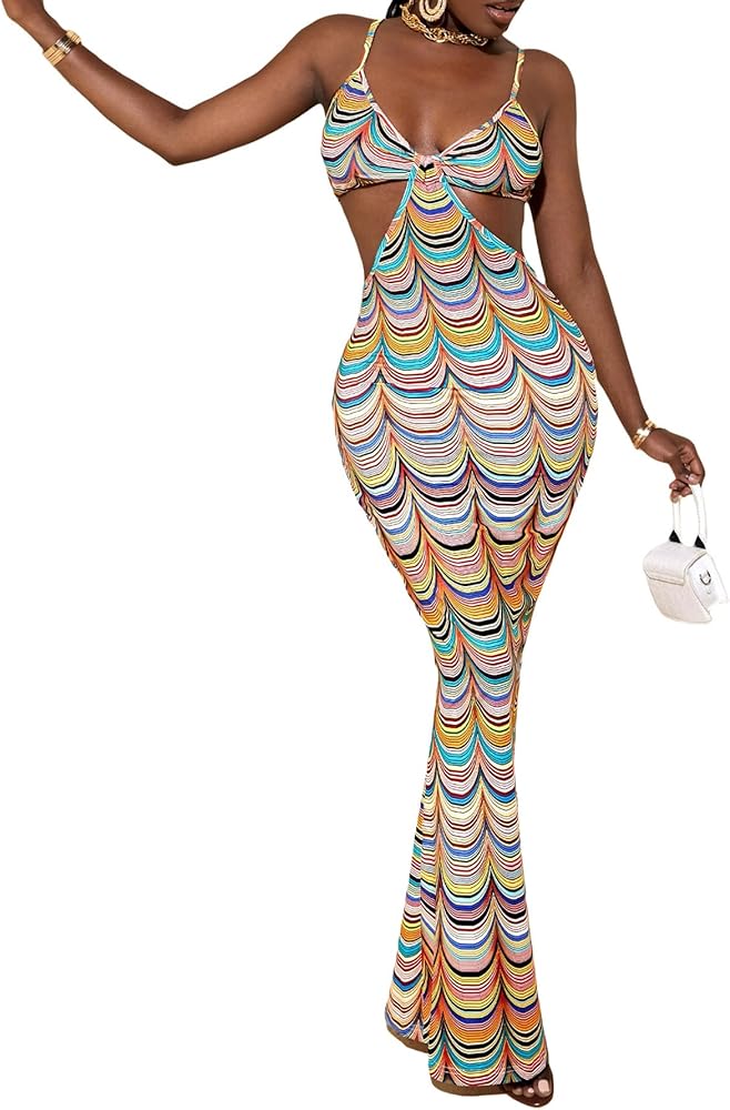 WDIRARA Women's Graphic Print Cut Out Waist Spaghetti Strap Sleeveless Cami Maxi Dress