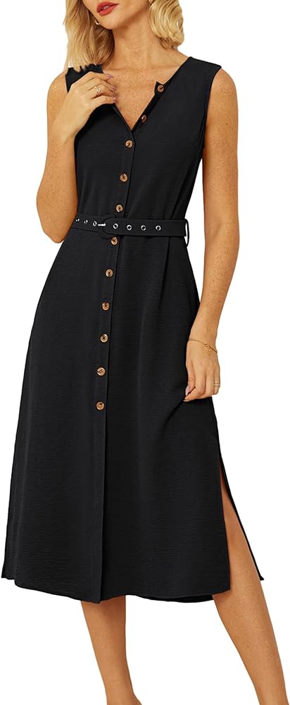 GRACE KARIN Women Casual Summer Dress 2024 Business Work Belted Sleeveless Button Down Shirt Dresses with Pockets