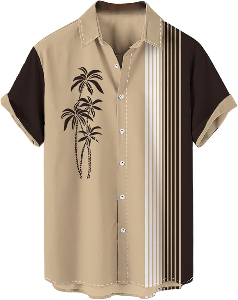 Hawaiian Bowling Shirts for Mens Short Sleeve Button Down Beach Cuban Tropical Palm Tree Printed Aloha Shirts