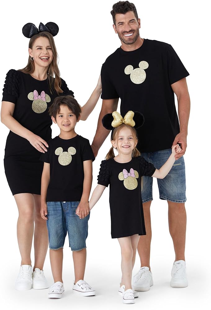 Disney Mickey and Friends Family Matching Outfits Mommy and Me Dresses Short Sleeve T-Shirt Bodycon Dress Matching Set Black