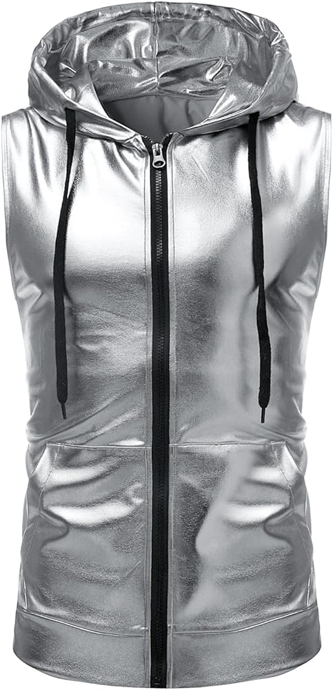 ZEROYAA Mens Hipster Metallic Zip Up Sleeveless Hooded Vest T Shirt with Kangaroo Pocket