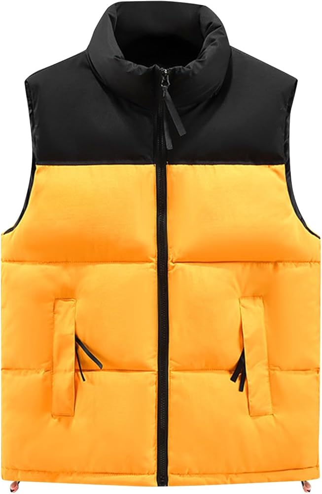 Mens Outdoor Quilted Winter Puffer Vest Color Block Stand Collar Sleeveless Jacket Vests Oversized Vests Coat