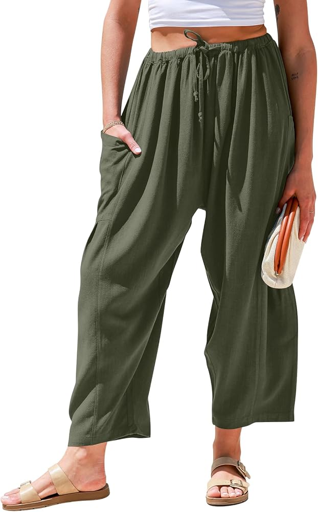 TARSE Womens Linen Wide Leg Pants Casual Loose Drawstring Low Waist Beach Palazzo Harem Pants with Pockets