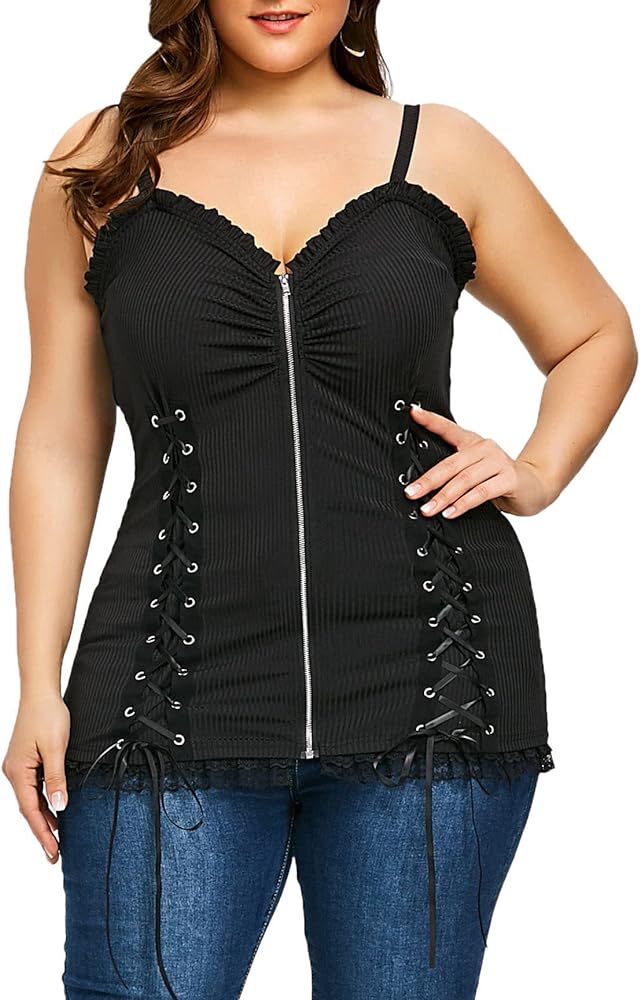 Nihsatin Women's Plus Size Lace up Ribbed Tops Casual T-Shirts Gothic Corset Top