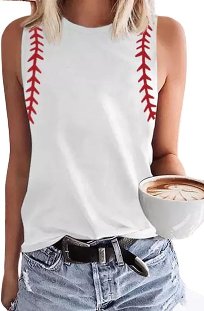 MHTOR Baseball O-Neck Tank Women Print Baseball Tanks Cute Workout Graphic Casual Summer Sleeveless Vest Top