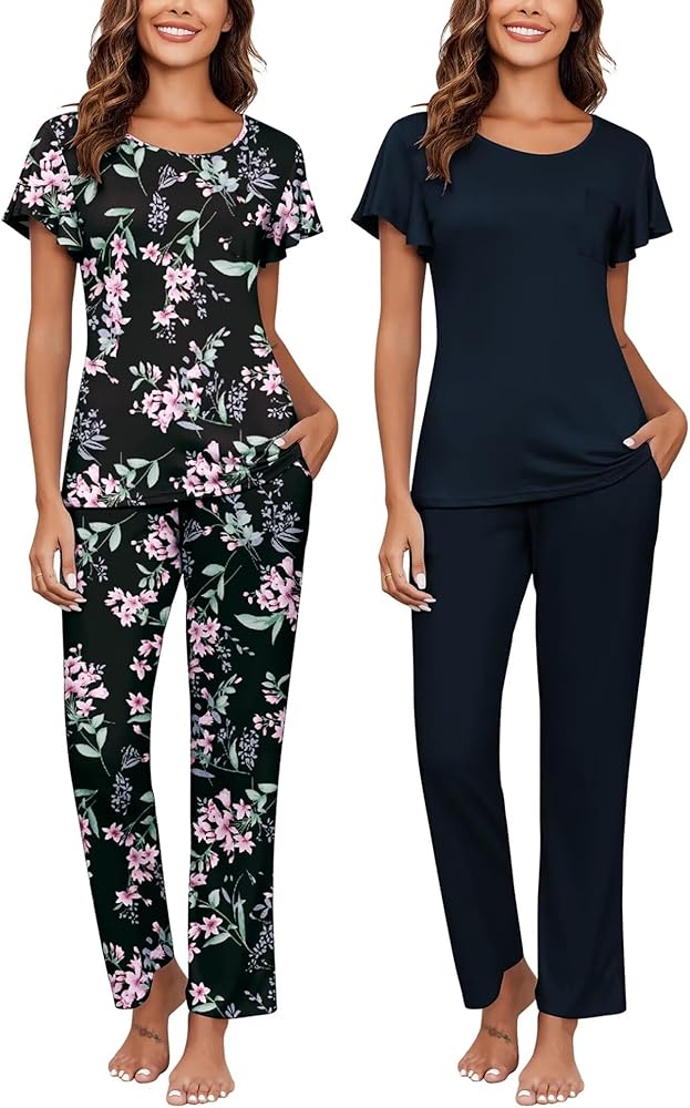 Ekouaer 2 Pack Womens Pajama Sets Short Sleeve with Long Pajama Pant Set Soft Sleepwear Printed Pj Lounge Sets with Pockets