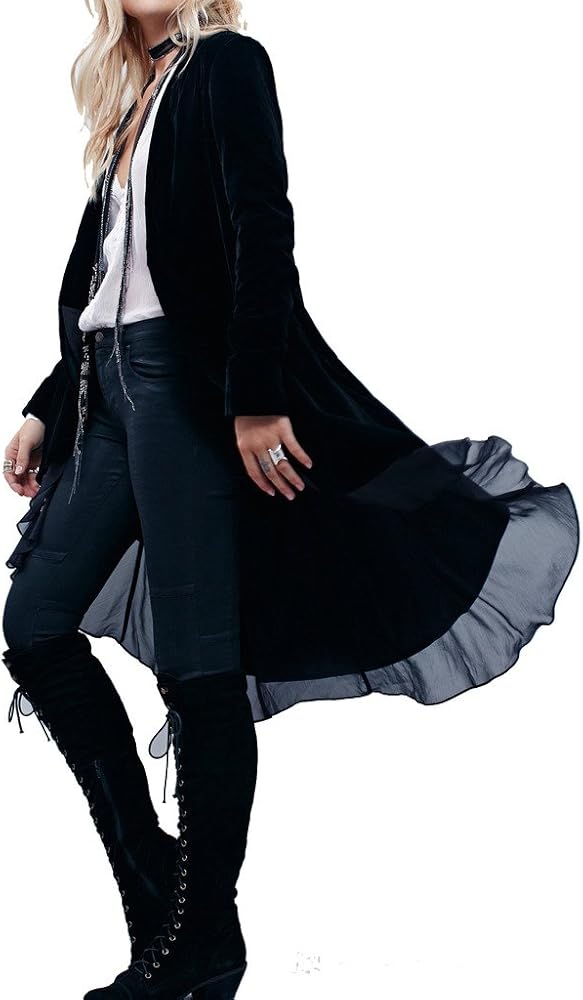 R.Vivimos Womens Ruffled Asymmetric Long Velvet Blazers Coat Casual Jackets