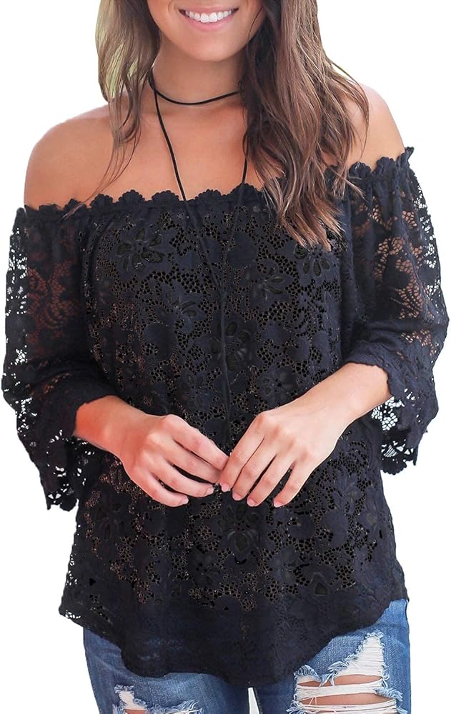 MIHOLL Women's Lace Off Shoulder Tops Casual Loose Blouse Shirts