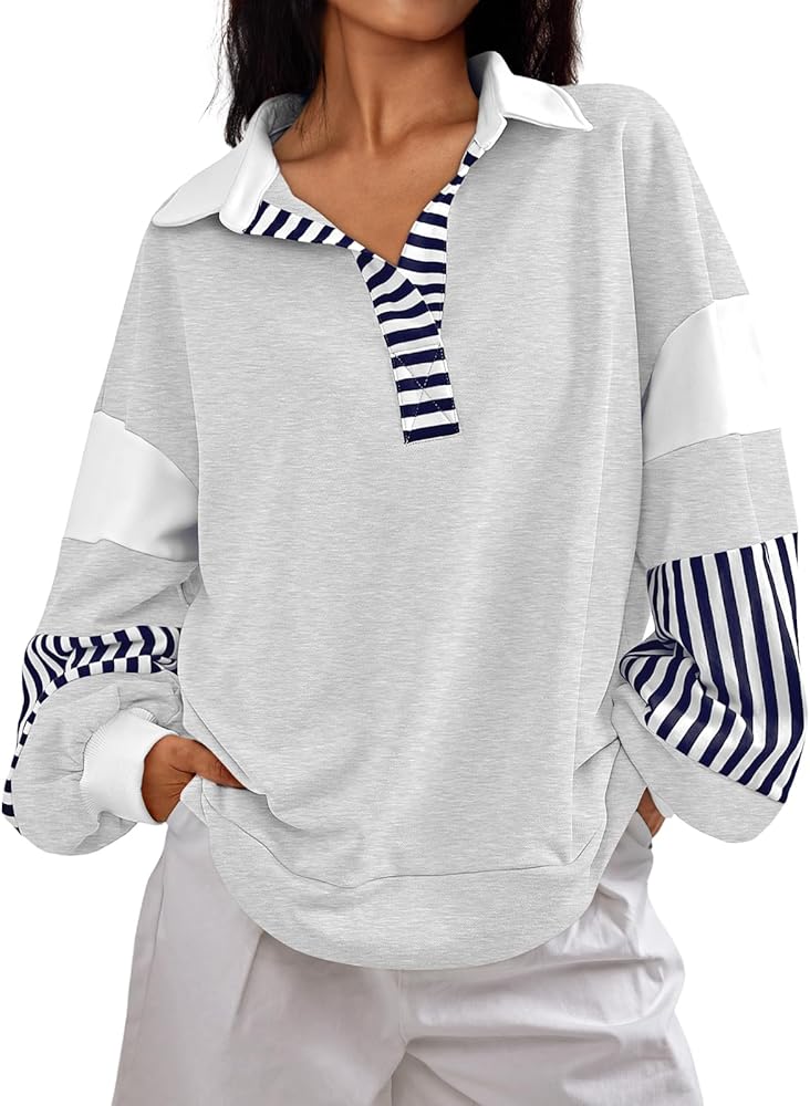 AUTOMET Womens Oversized Sweatshirts Striped Color Block Long Sleeve V Neck Pullovers Fall Fashion Clothes Outfits 2024