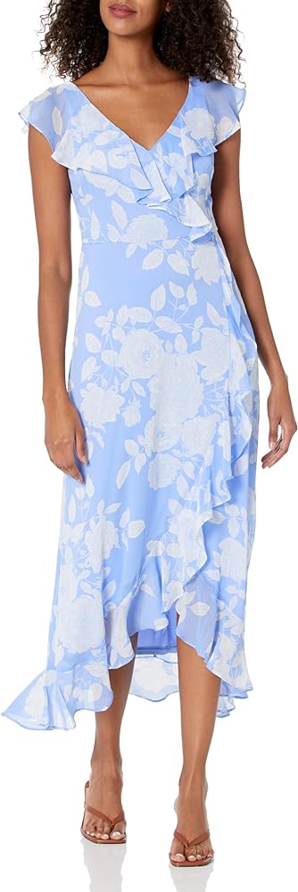 London Times Women's Chiffon Faux Wrap Ruffle Maxi Dress Guest of Wedding