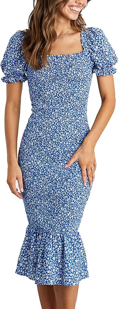 PRETTYGARDEN Women's Summer Floral Midi Bodycon Dresses Short Puff Sleeve Square Neck Ruffle Hem Mermaid Cocktail Dress