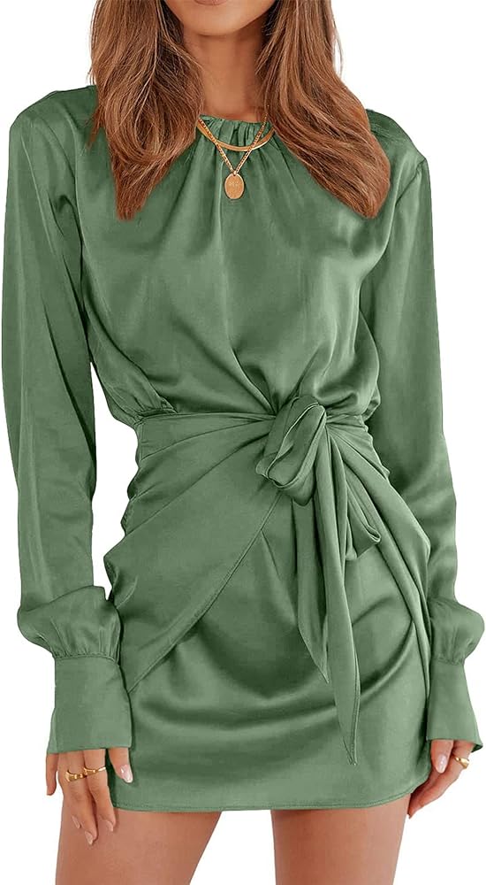 PRETTYGARDEN Women's Spring Satin Dress Long Sleeve Tie Waist Elegant Cocktail Party Mini Fall Dresses